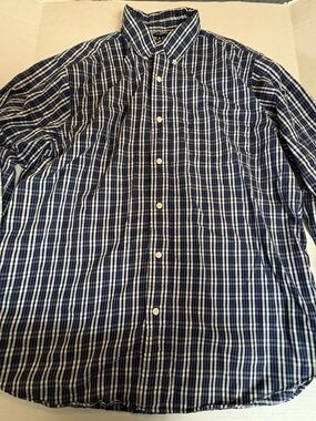Chaps Navy and White Plaid Button-Down Shirt Size XL